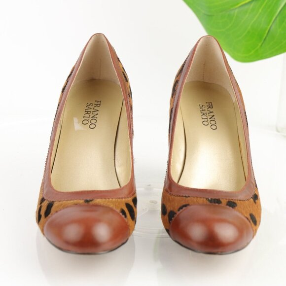 Franco Sarto Womens Empire Pump Size 8 Brown Leopard Calf Hair Heel Dress Shoe - Picture 2 of 12